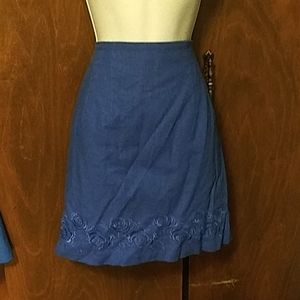 NWOT - STYLEWORKS LINEN BLUE EMBROIDERED SKIRT